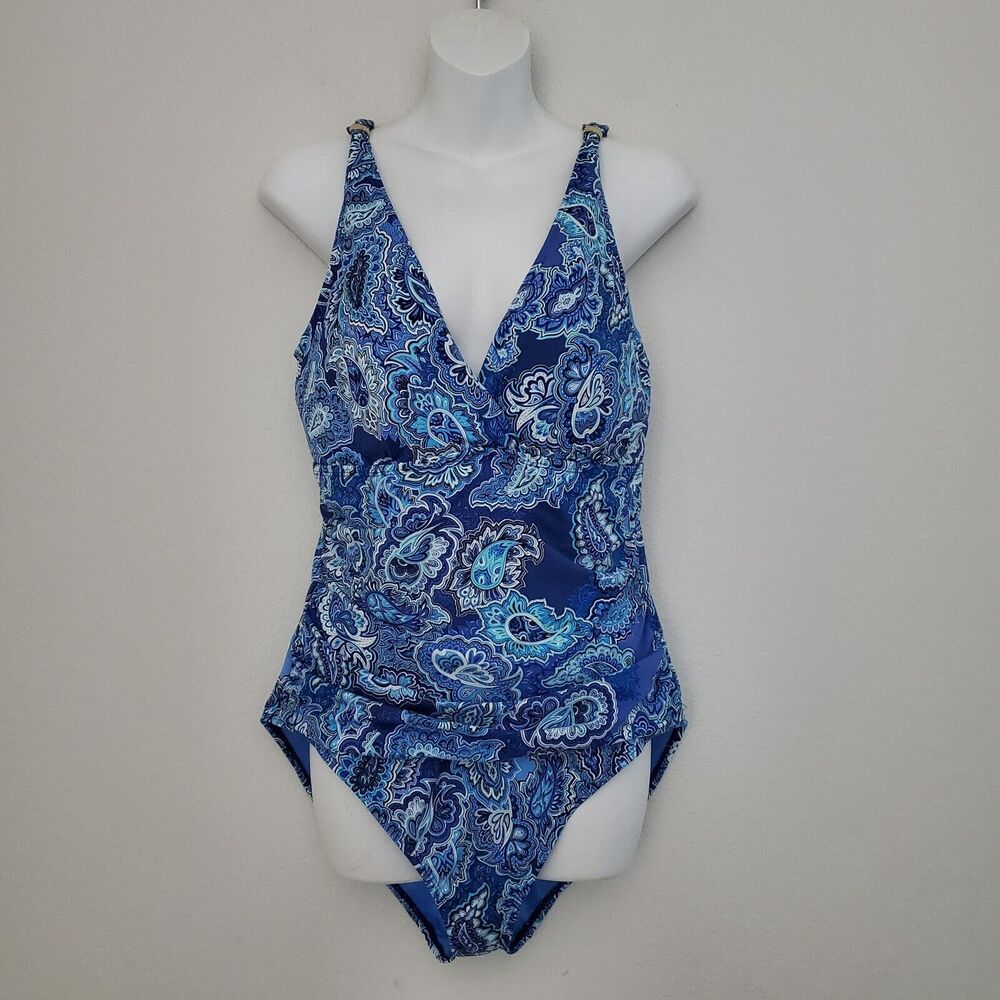Lauren Ralph Lauren Women's Swimsuit Blue One Piece Paisley Bandana Slimming